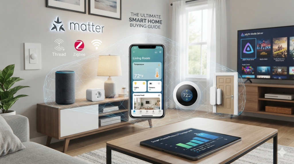 A glowing smart home control panel displaying connected lights, security cameras, and thermostat controls on a tablet in a modern living room.